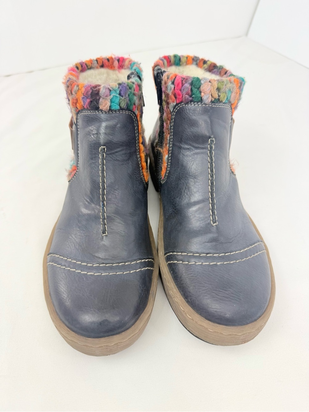 Rieker FELICITAS Ocean Blue Leather Multicolor Yarn Wool Fleece Zip Ankle Boots - Picture 6 of 16